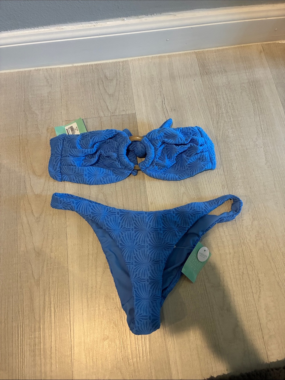 Full Tilt Blue Textured Bandeau Bikini with Ring Accent